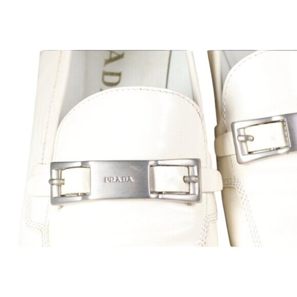 Prada Women's Off-White Leather Loafers With Silver Buckle  Size 37.5 (US 7) - Picture 3 of 7
